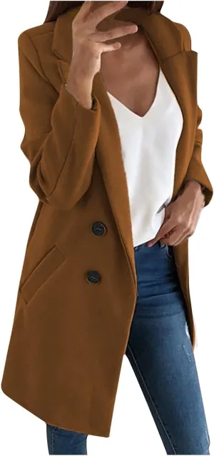 Wool Coats for Women Notch Lapel Double Breasted Mid Long Trench Coat Plus Size Pea Overcoat Winter Jacket