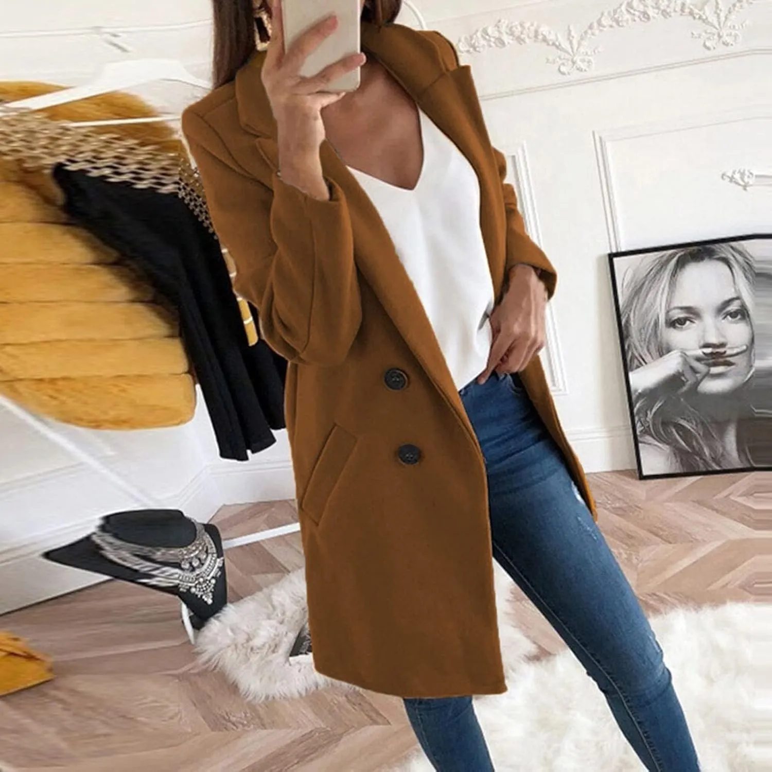 Wool Coats for Women Notch Lapel Double Breasted Mid Long Trench Coat Plus Size Pea Overcoat Winter Jacket