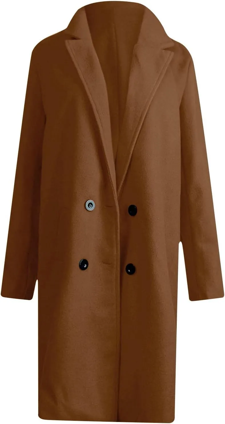 Wool Coats for Women Notch Lapel Double Breasted Mid Long Trench Coat Plus Size Pea Overcoat Winter Jacket