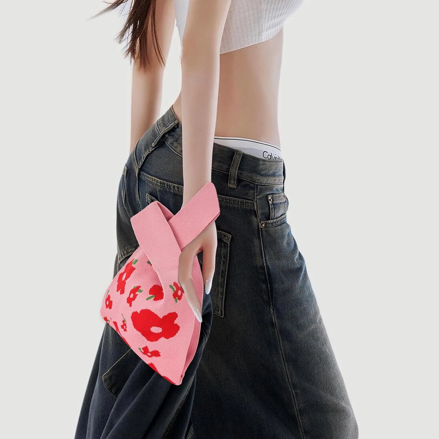 Wrist Knot Tote Bag Pouch Portable Knit Purse Crochet Bag, Mini Cute Wristlet Handbag for Women