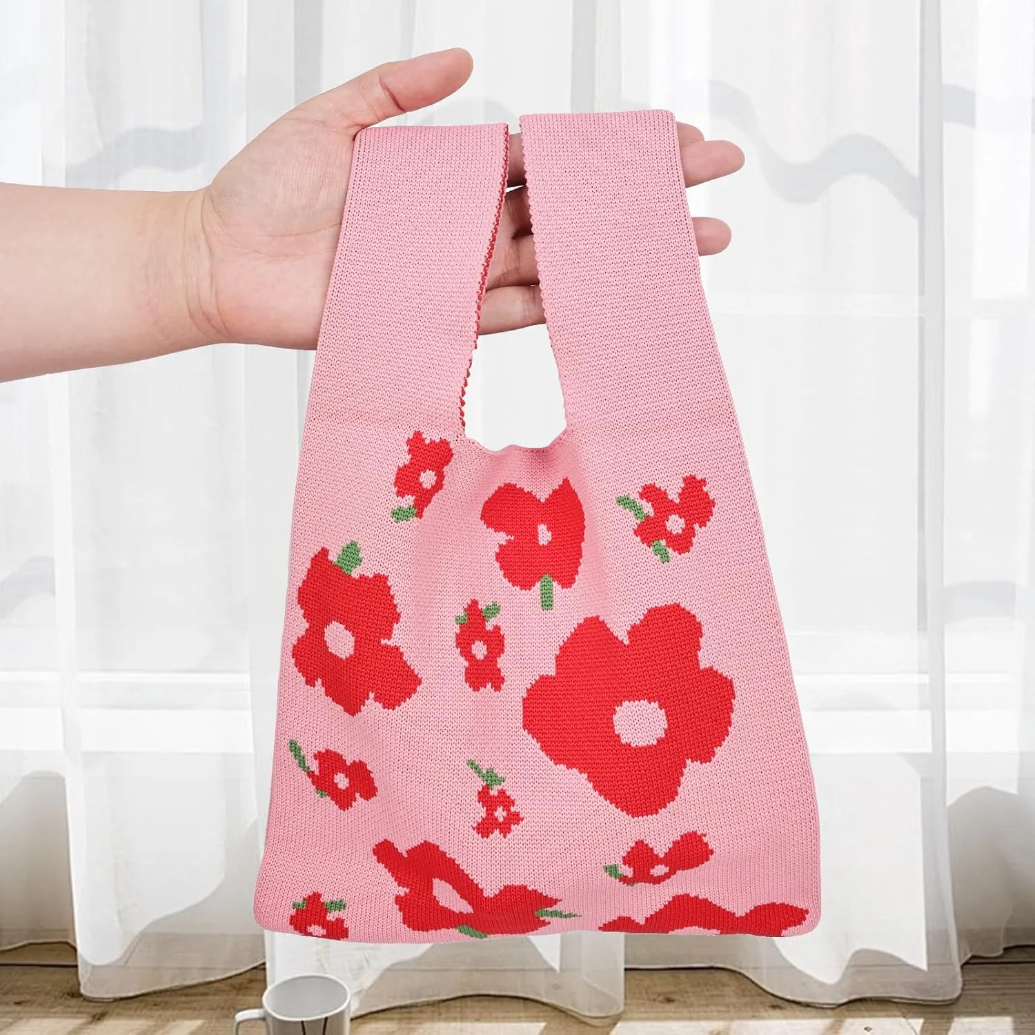 Wrist Knot Tote Bag Pouch Portable Knit Purse Crochet Bag, Mini Cute Wristlet Handbag for Women