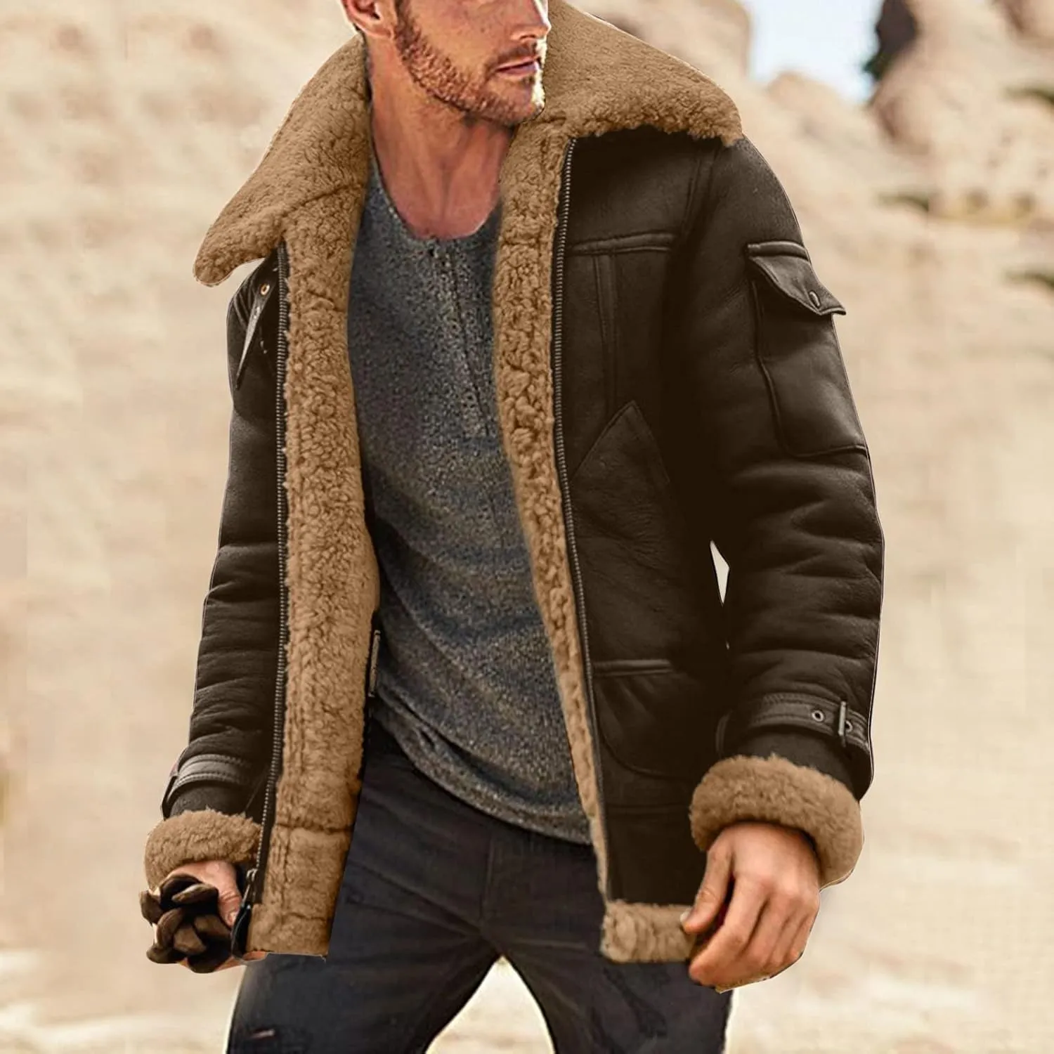XIAXOGOOL Jackets For Men,Men's Shearling Coat Faux Suede Sherpa Lined Winter Thicken Warm Jacket With Pockets