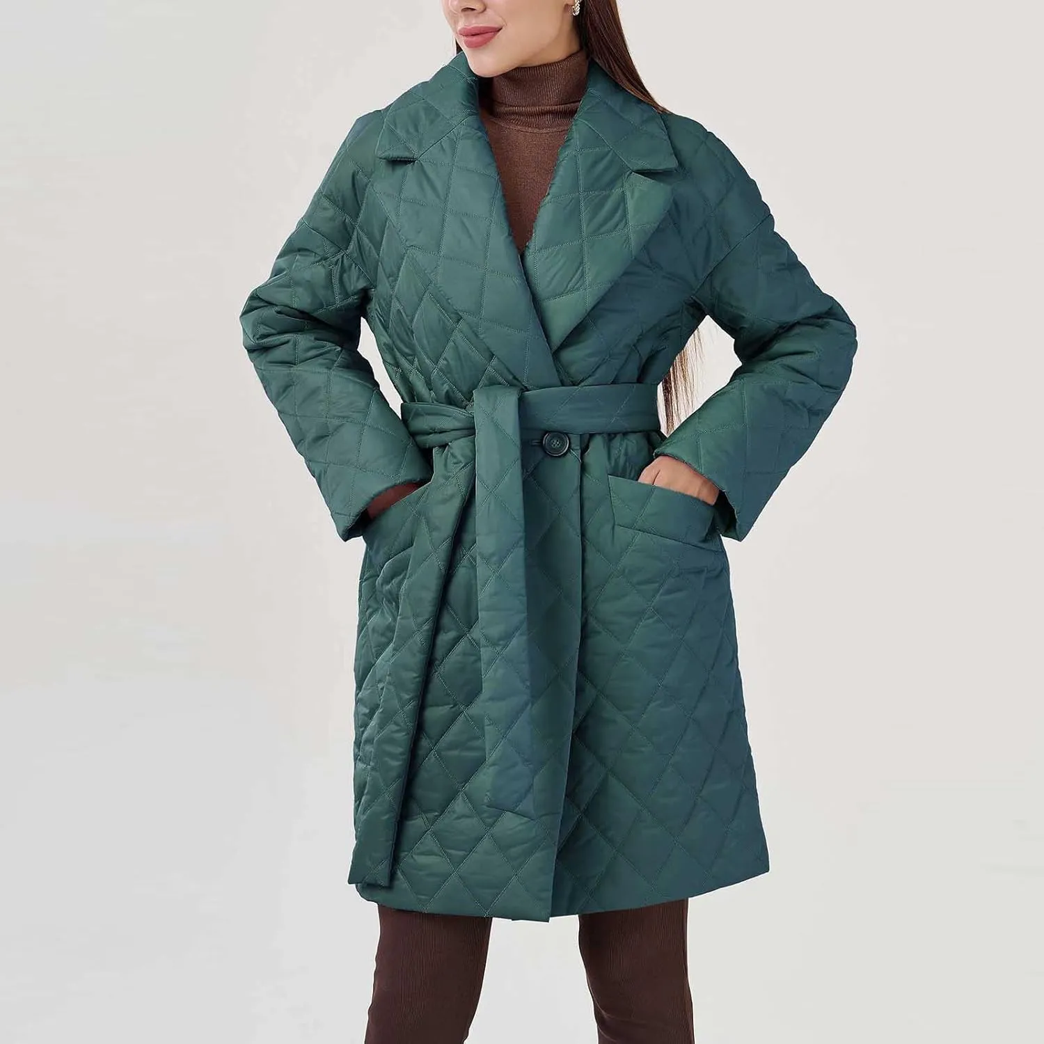 XUNRYAN Womens Winter Warm Down Coats Long Quilted Lightweight Puffer Jackets Notch Lapel Peacoat Fashion Casual Coat