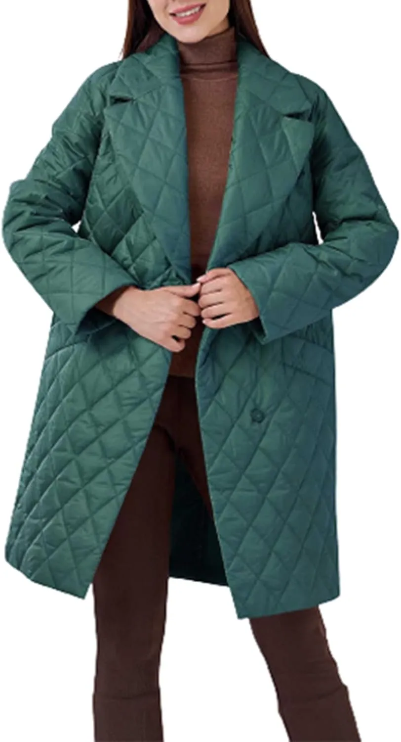 XUNRYAN Womens Winter Warm Down Coats Long Quilted Lightweight Puffer Jackets Notch Lapel Peacoat Fashion Casual Coat