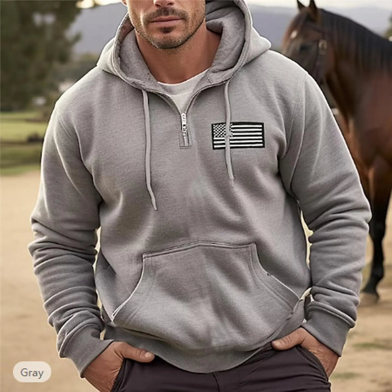 Ymosrh Men's Novelty Hoodies Quarter Zip Hooded Sweatshirt Long Sleeve USA Flag Sweatshirts Print Pullover Hoodie, M-4XL