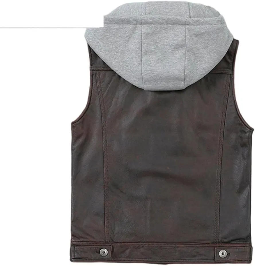 Youllyuu Classical Motorcycle Biker Leather Hooded Vest Men Genuine Leather Sleeveless Jackets Coat
