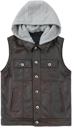 Youllyuu Classical Motorcycle Biker Leather Hooded Vest Men Genuine Leather Sleeveless Jackets Coat