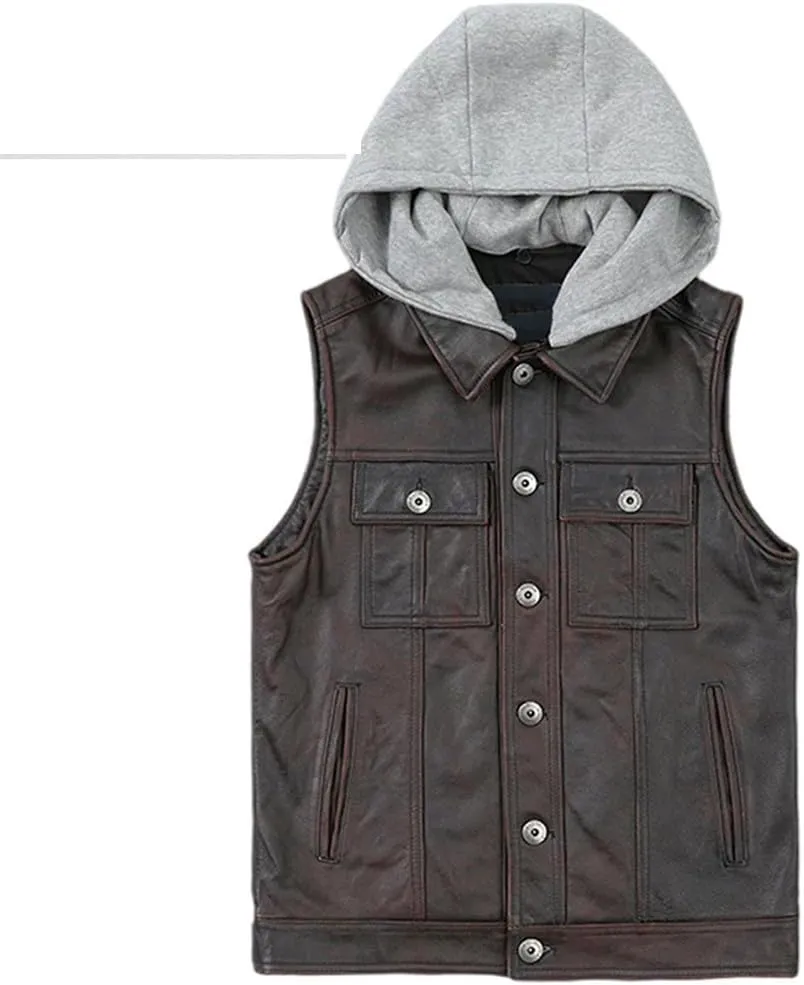 Youllyuu Classical Motorcycle Biker Leather Hooded Vest Men Genuine Leather Sleeveless Jackets Coat