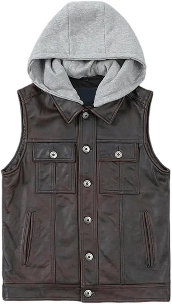 Youllyuu Classical Motorcycle Biker Leather Hooded Vest Men Genuine Leather Sleeveless Jackets Coat