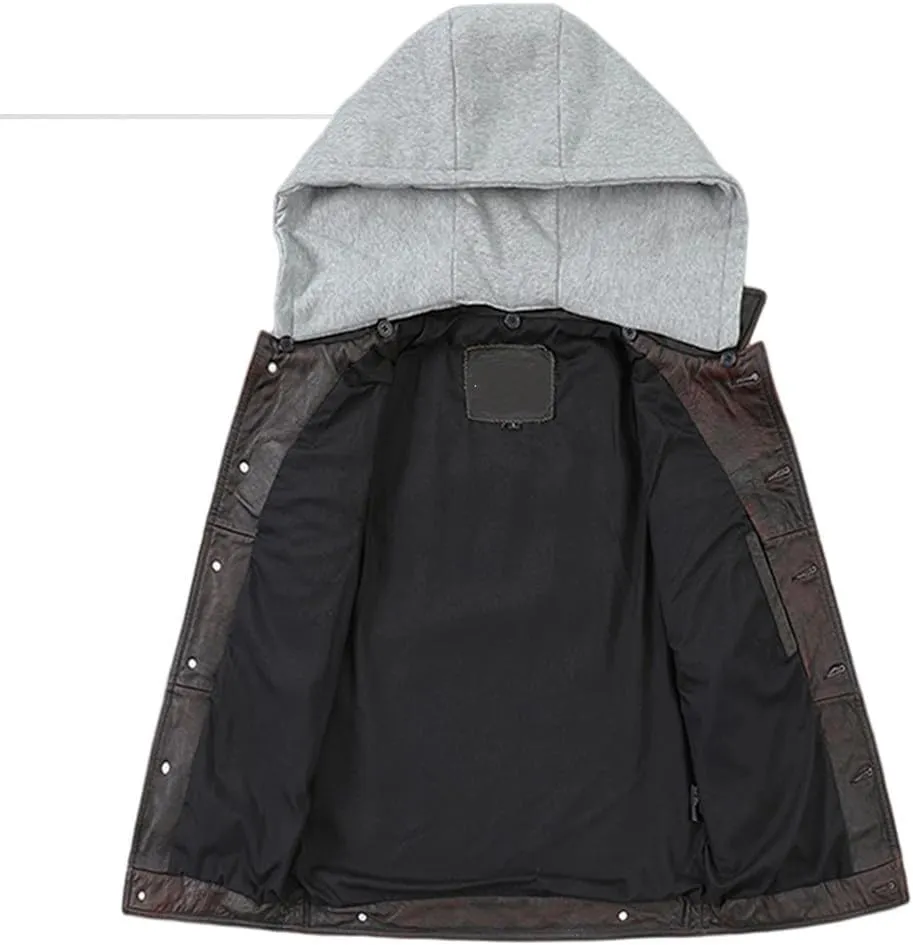 Youllyuu Classical Motorcycle Biker Leather Hooded Vest Men Genuine Leather Sleeveless Jackets Coat
