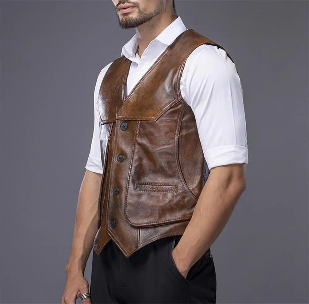 Youllyuu Classical Motorcycle Biker Leather Vest Men Genuine Leather Sleeveless Jackets Button Waistcoat