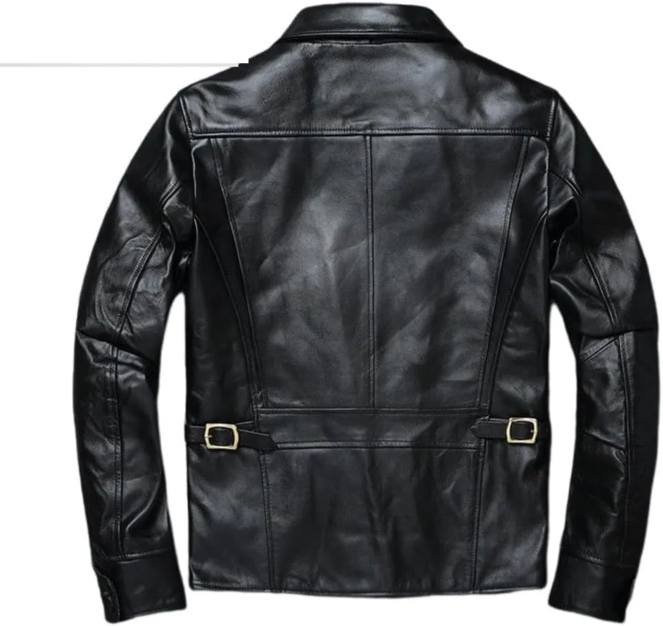 Youllyuu Men Sheepskin Leather Motorcycle Jackets Lapel Asymmetric Pockets Biker Overcoats Button Jackets