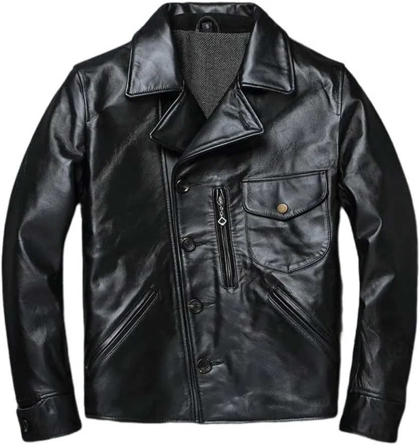 Youllyuu Men Sheepskin Leather Motorcycle Jackets Lapel Asymmetric Pockets Biker Overcoats Button Jackets