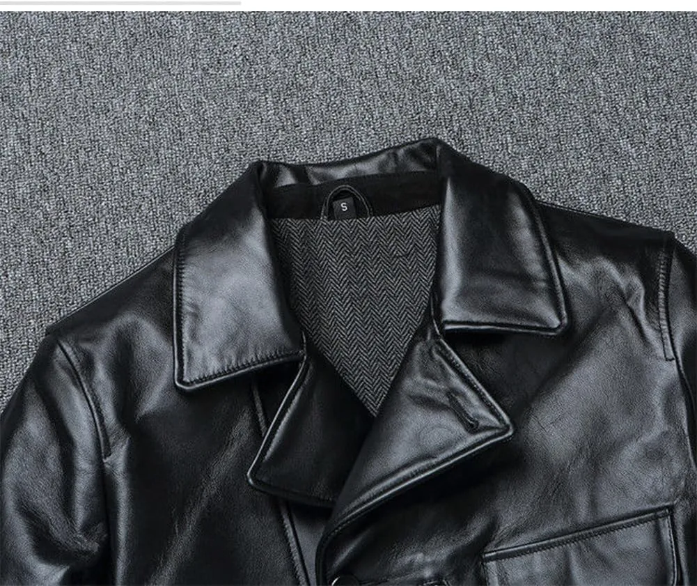 Youllyuu Men Sheepskin Leather Motorcycle Jackets Lapel Asymmetric Pockets Biker Overcoats Button Jackets