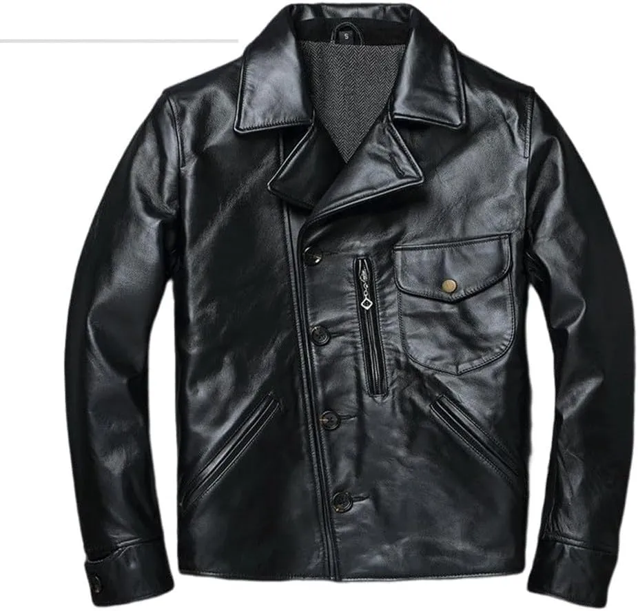 Youllyuu Men Sheepskin Leather Motorcycle Jackets Lapel Asymmetric Pockets Biker Overcoats Button Jackets
