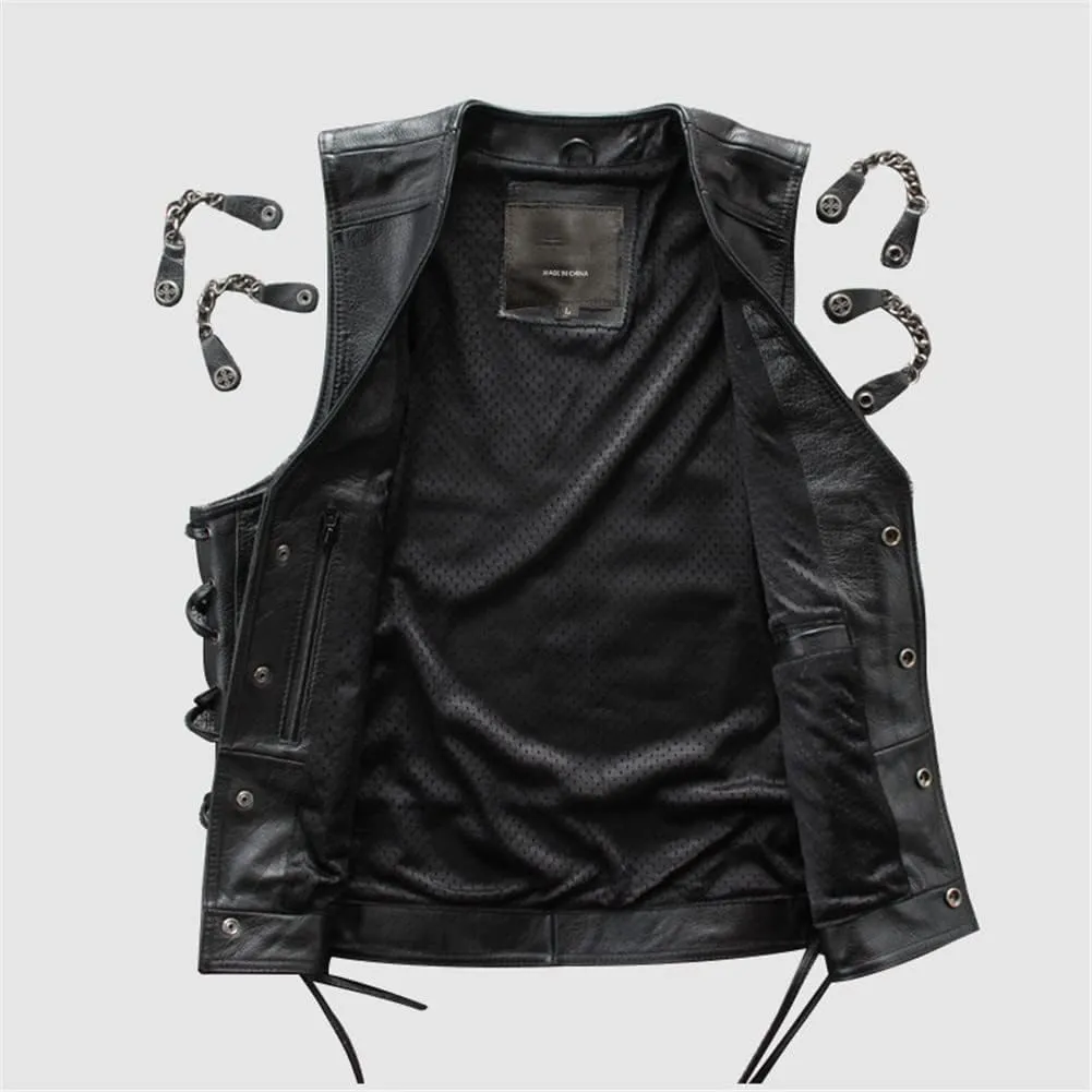 Youllyuu Mens Leather Rock Vests Metal Chain Biker Vest Motorcycle Sleeveless Leather Jackets
