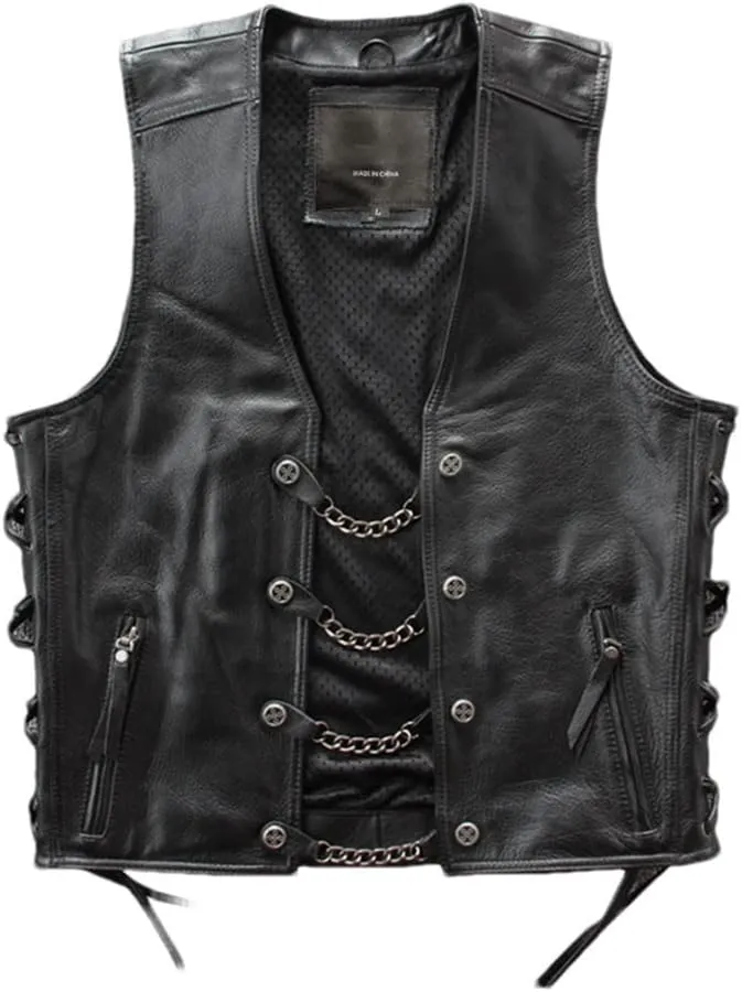 Youllyuu Mens Leather Rock Vests Metal Chain Biker Vest Motorcycle Sleeveless Leather Jackets