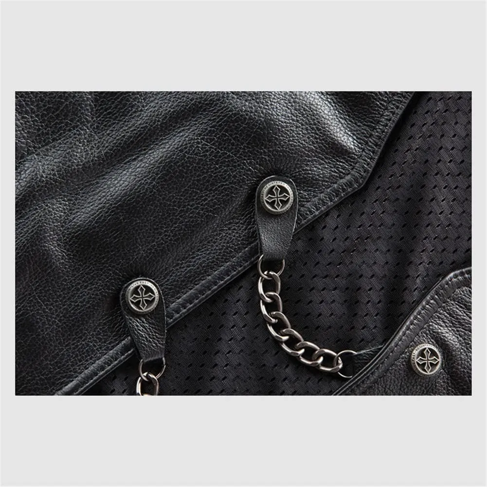 Youllyuu Mens Leather Rock Vests Metal Chain Biker Vest Motorcycle Sleeveless Leather Jackets