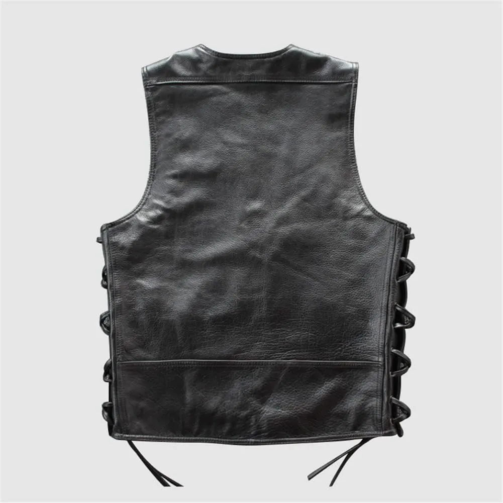 Youllyuu Mens Leather Rock Vests Metal Chain Biker Vest Motorcycle Sleeveless Leather Jackets