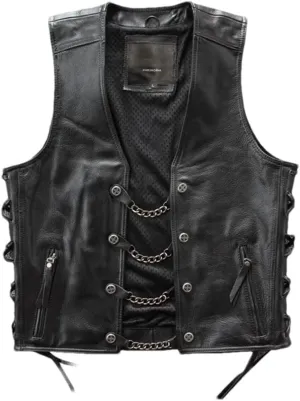 Youllyuu Mens Leather Rock Vests Metal Chain Biker Vest Motorcycle Sleeveless Leather Jackets