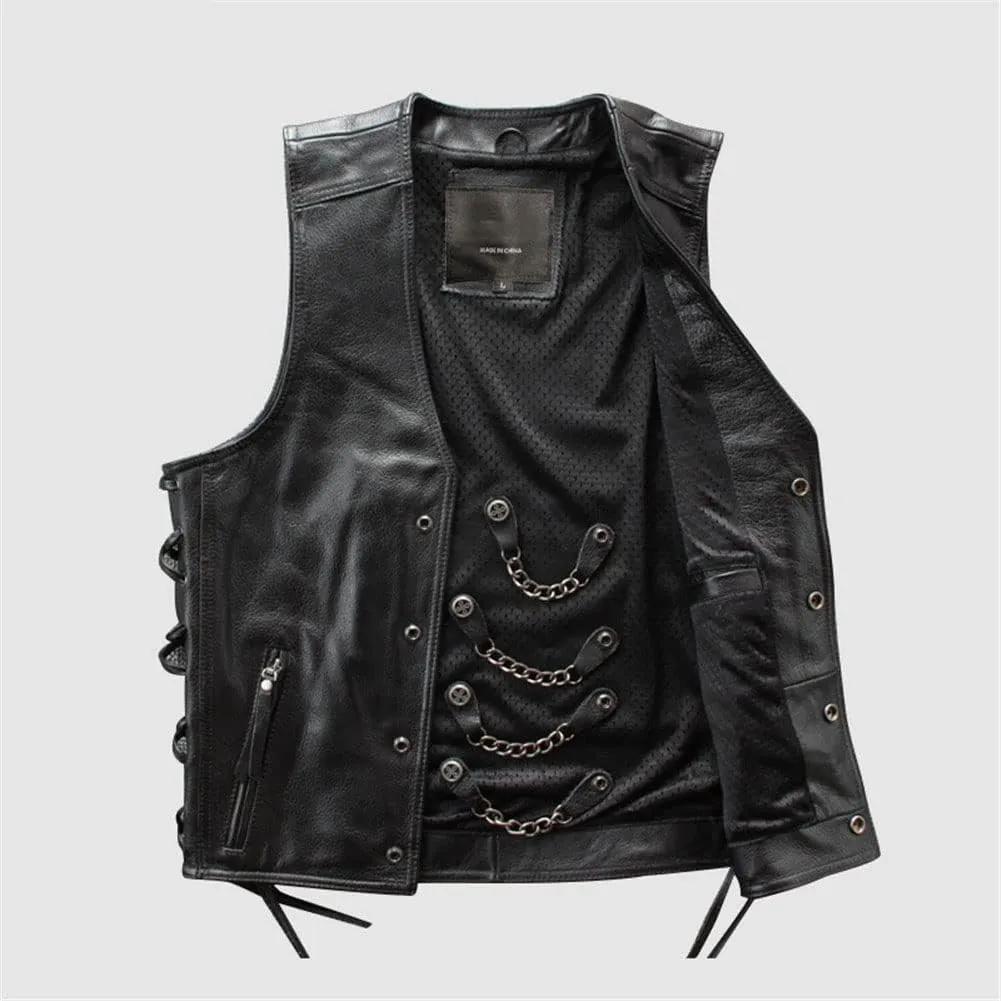 Youllyuu Mens Leather Rock Vests Metal Chain Biker Vest Motorcycle Sleeveless Leather Jackets