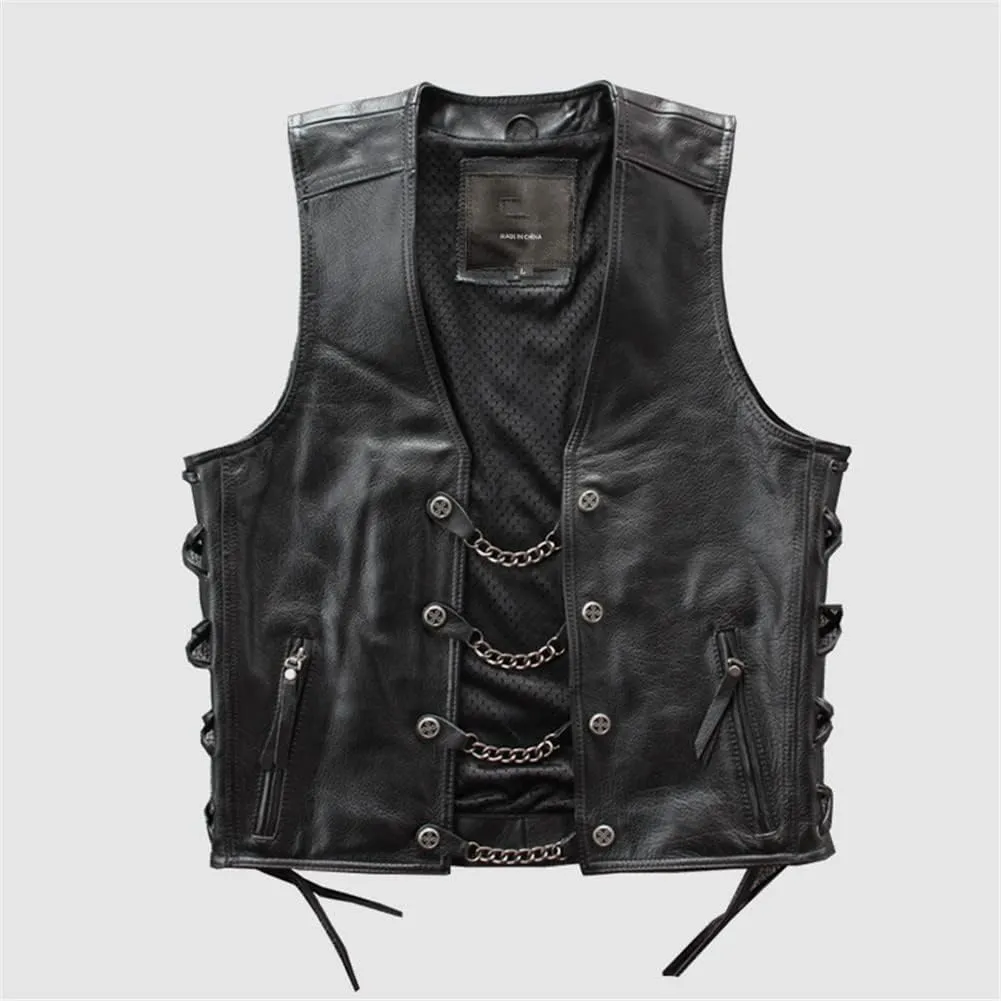 Youllyuu Mens Leather Rock Vests Metal Chain Biker Vest Motorcycle Sleeveless Leather Jackets