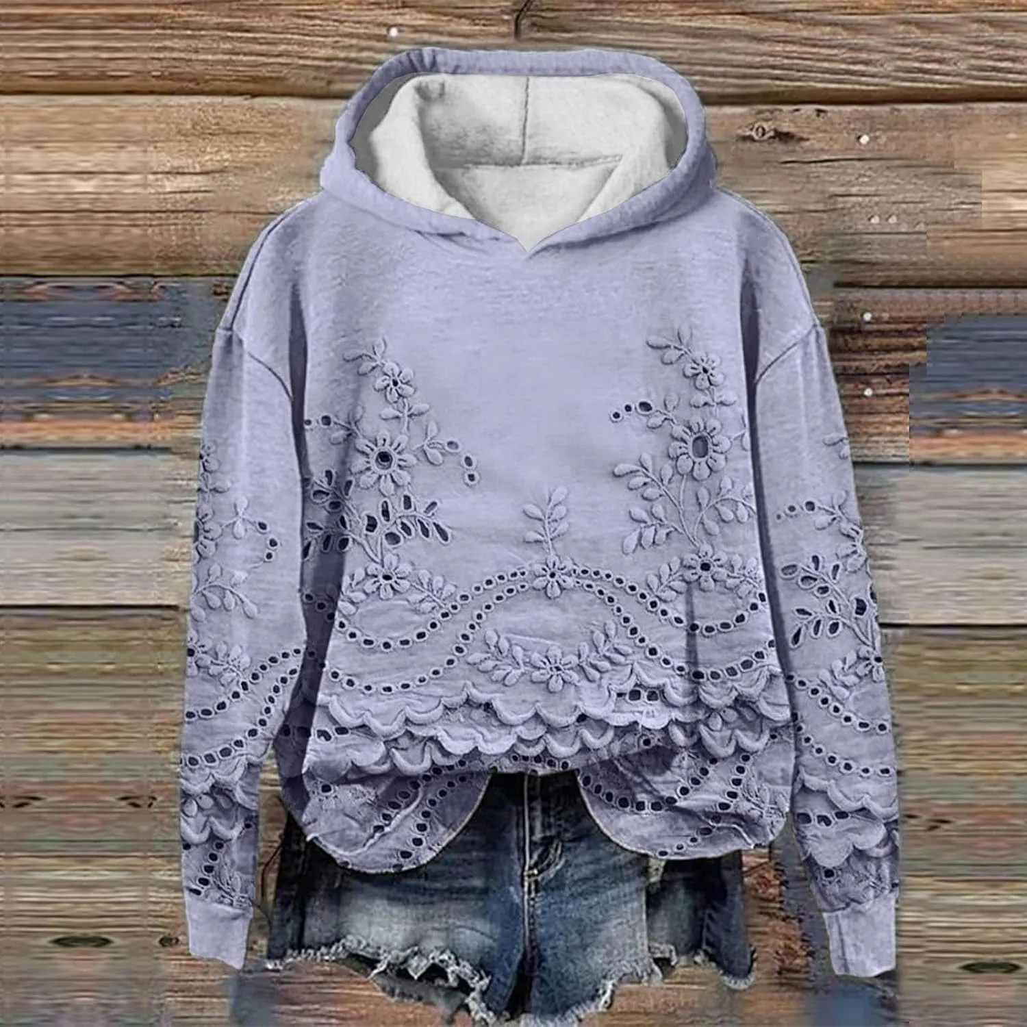 ZEFOTIM 3D Floral Layered Hoodies Womens Sherpa Lined Hoodie Cozy 2024 Pullover Lightweight Long Sleeve Sweatshirts