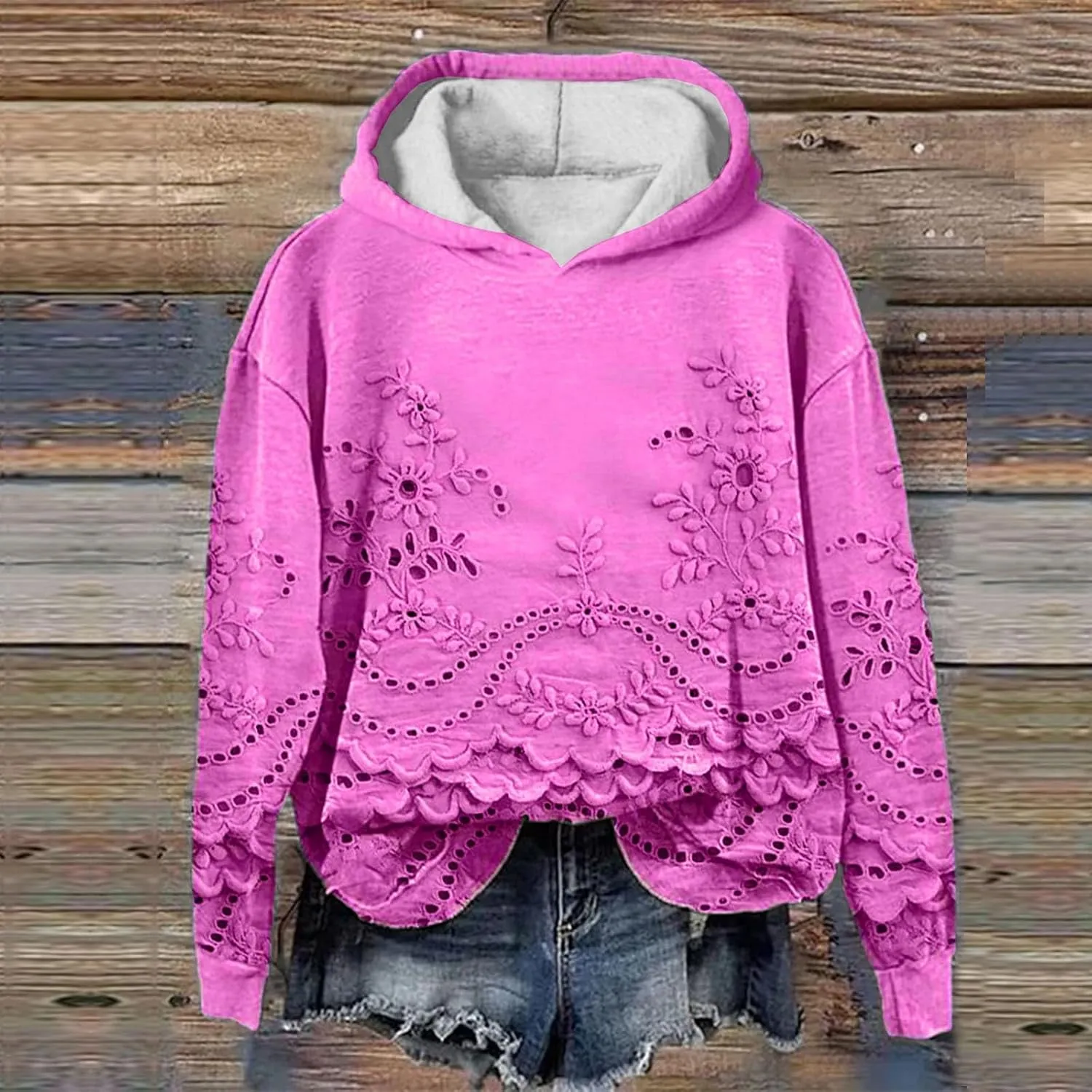 ZEFOTIM 3D Floral Layered Hoodies Womens Sherpa Lined Hoodie Cozy 2024 Pullover Lightweight Long Sleeve Sweatshirts