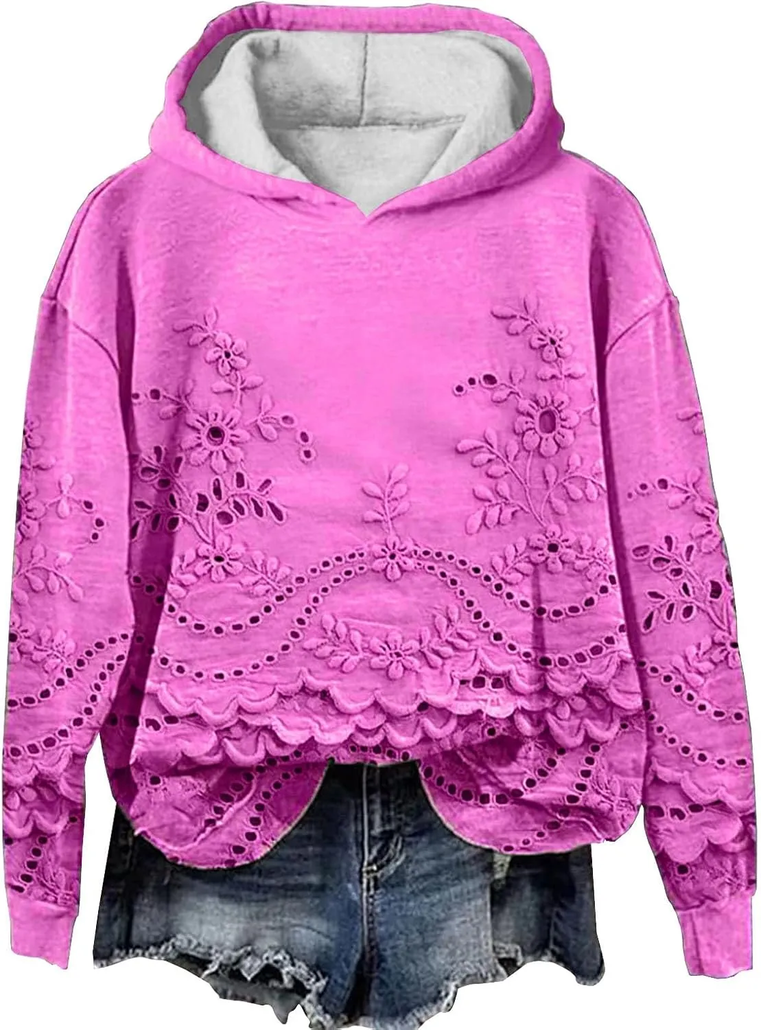 ZEFOTIM 3D Floral Layered Hoodies Womens Sherpa Lined Hoodie Cozy 2024 Pullover Lightweight Long Sleeve Sweatshirts