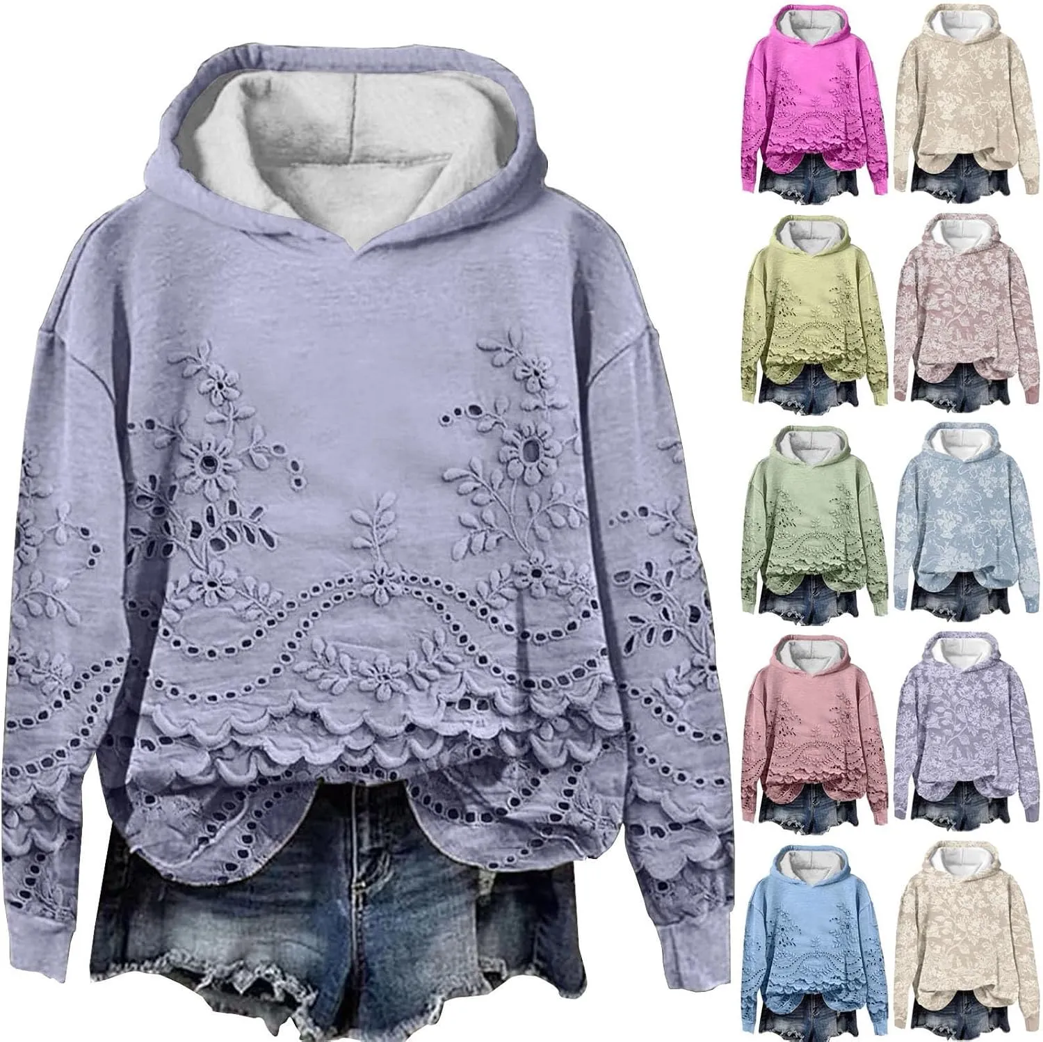 ZEFOTIM 3D Floral Layered Hoodies Womens Sherpa Lined Hoodie Cozy 2024 Pullover Lightweight Long Sleeve Sweatshirts