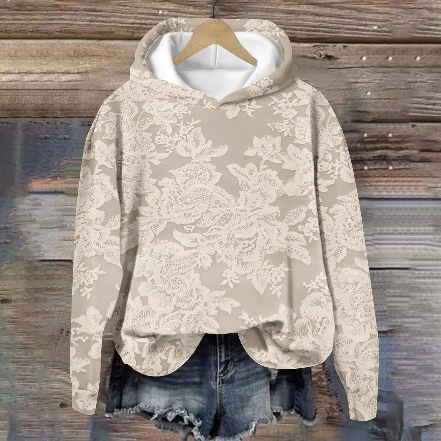 ZEFOTIM 3D Floral Layered Hoodies Womens Sherpa Lined Hoodie Cozy 2024 Pullover Lightweight Long Sleeve Sweatshirts