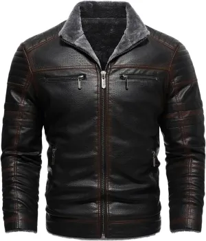 Zeiyignr Men's Winter Fleece Trucker Coats Sherpa Lined Faux Leather Jacket Slim Fit Leather Bomber Jackets Warm Coat Outwear