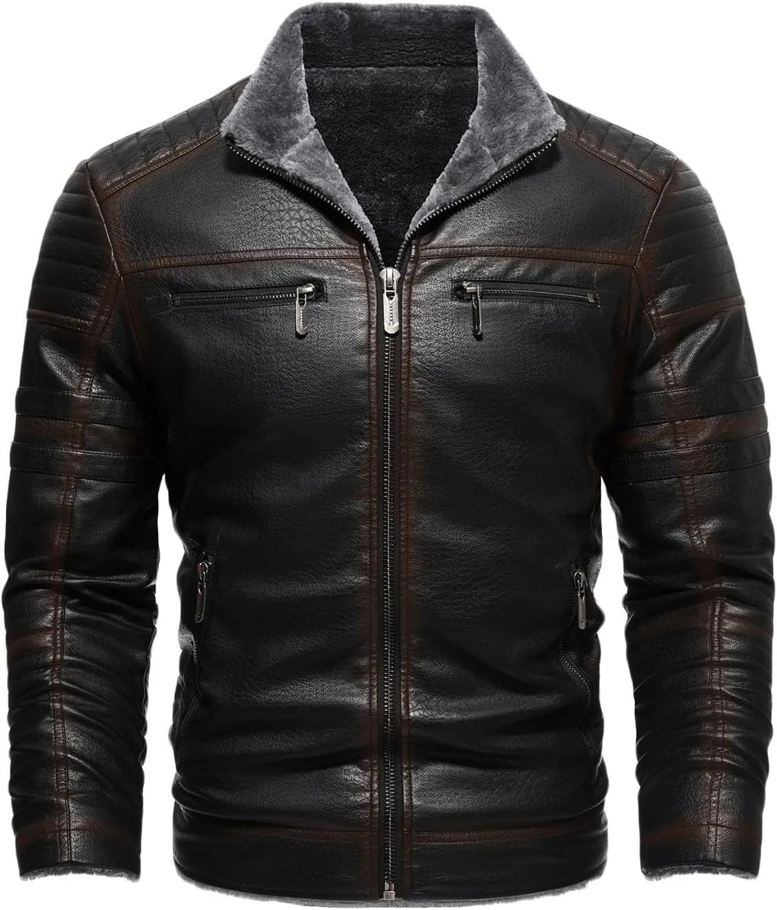 Zeiyignr Men's Winter Fleece Trucker Coats Sherpa Lined Faux Leather Jacket Slim Fit Leather Bomber Jackets Warm Coat Outwear