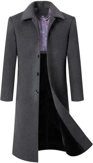Zeiyignr Men's Wool Blend Long Pea Coat Notched Collar Single Breasted Overcoat Warm Winter Trench Coat Solid Business Jacket