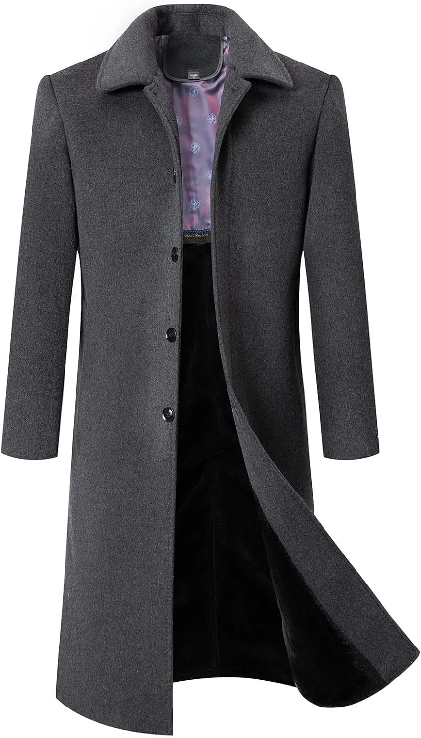 Zeiyignr Men's Wool Blend Long Pea Coat Notched Collar Single Breasted Overcoat Warm Winter Trench Coat Solid Business Jacket