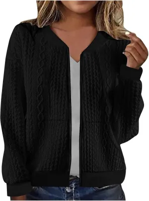 Zip Up Cardigan Sweaters for Women Dressy Casual Cable Knit Sweater Warm Cardigan with Pockets Winter Clothes
