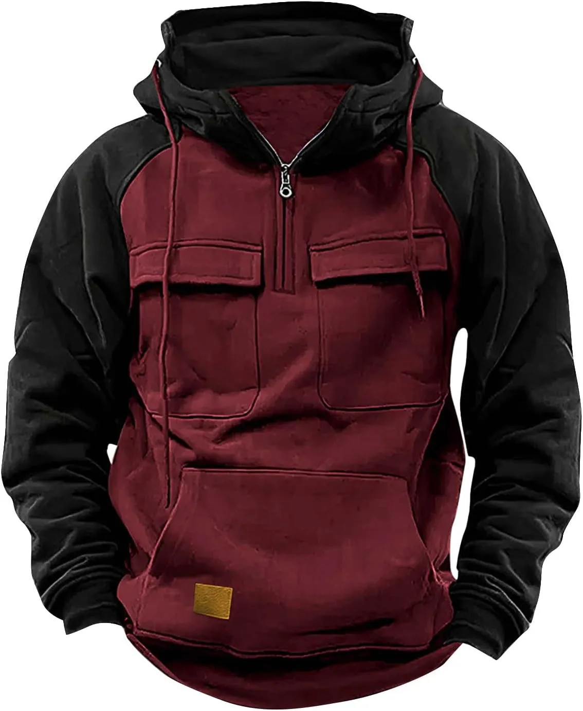 Zip Up Hoodie Men Big and Tall Long Sleeve Cargo Sweatshirts Casual Color Block Tactical Pullover Shirt Multi Pockets