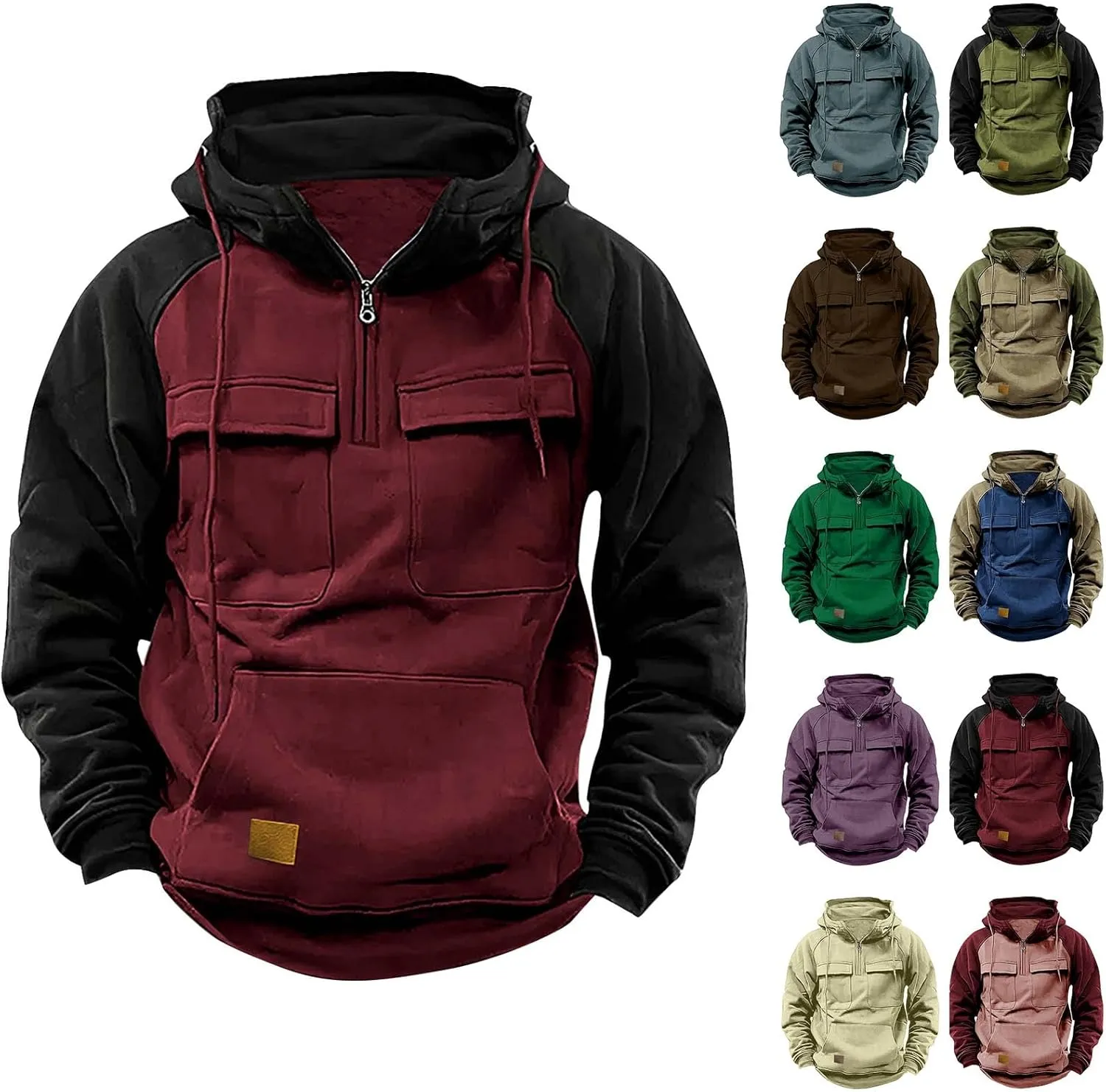 Zip Up Hoodie Men Big and Tall Long Sleeve Cargo Sweatshirts Casual Color Block Tactical Pullover Shirt Multi Pockets