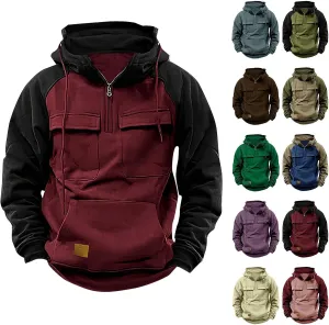 Zip Up Hoodie Men Big and Tall Long Sleeve Cargo Sweatshirts Casual Color Block Tactical Pullover Shirt Multi Pockets