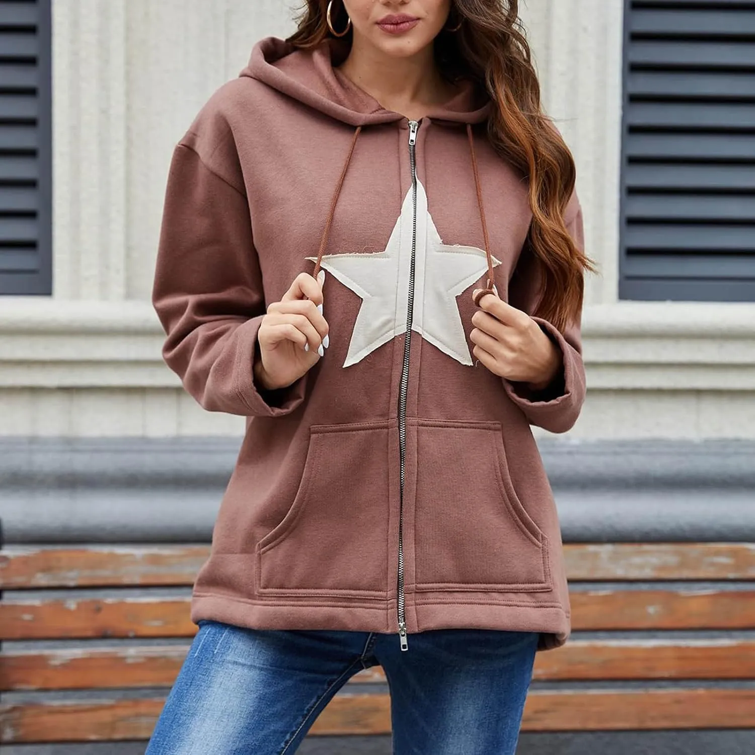 Zip Up Hoodie Women Long Sleeve Drawstraing Oversized Casual Sweatshirts Trendy Graphic Design Sweatshirt